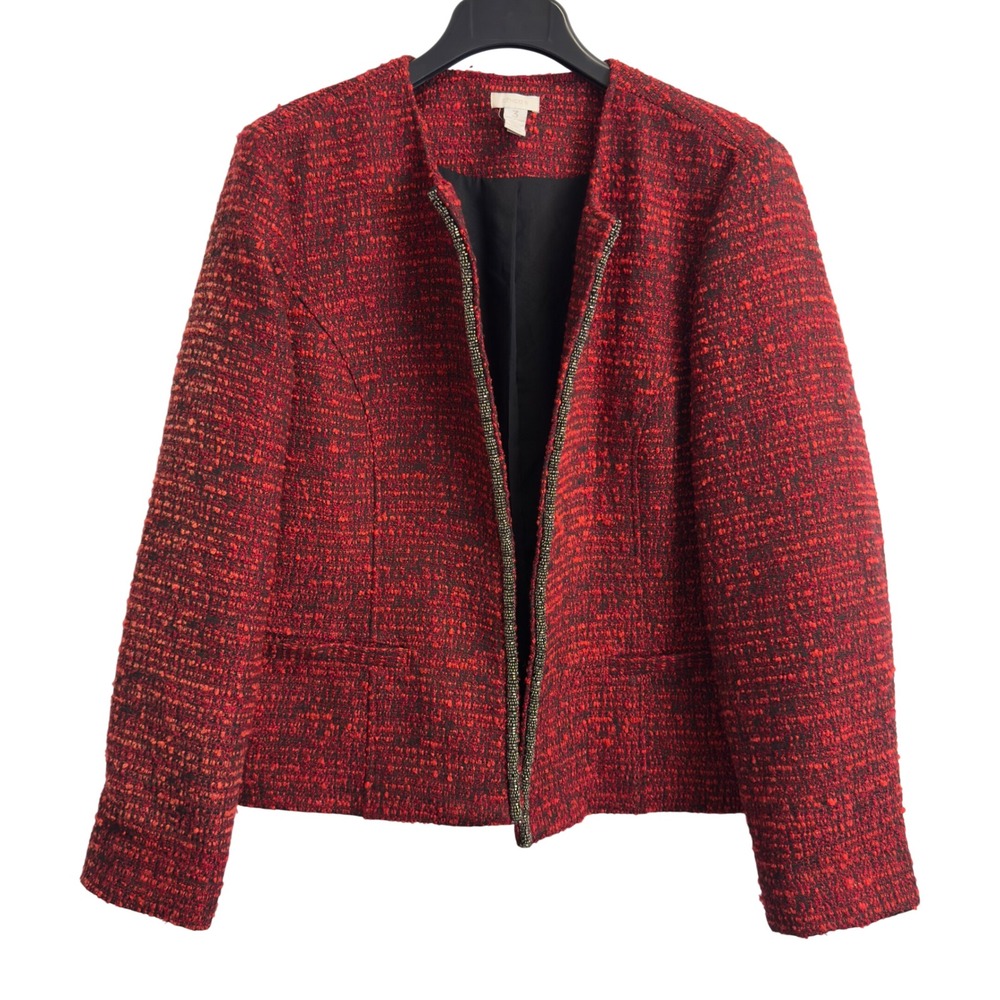 Chicos Red Black Boucle Tweed Beaded Trim Open Front Jacket Size 3 XL Pockets